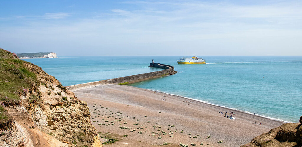 coastguard tower view with a ferry on newhaven beach