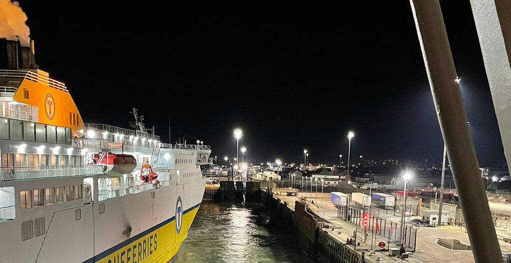 ferry coming into the port in the evening