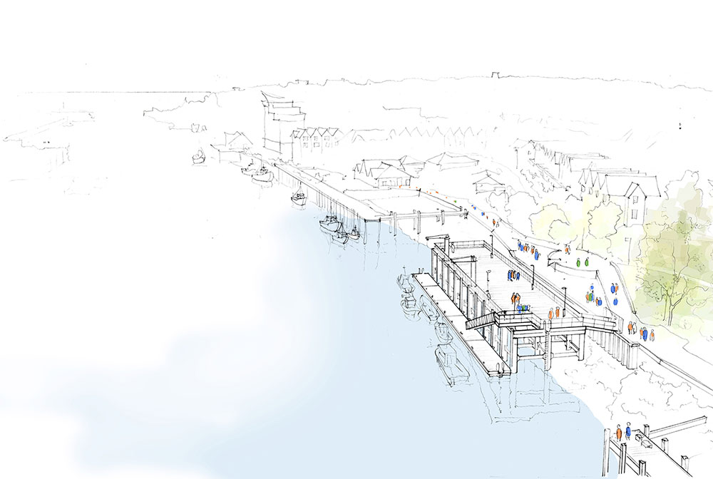 An artists impression of how the new Fishing Stages 10 and 11 will look when completed showing the raised jetty, small cranes, walkways and pedestrians.