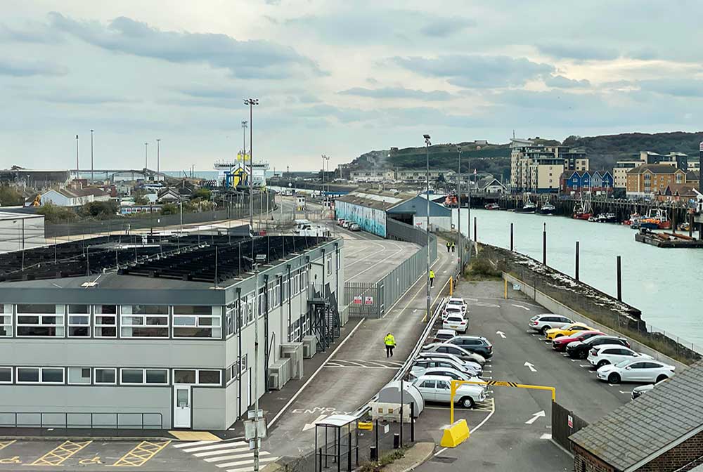 solar panels on roof of Newhaven Port Property with view across the port
