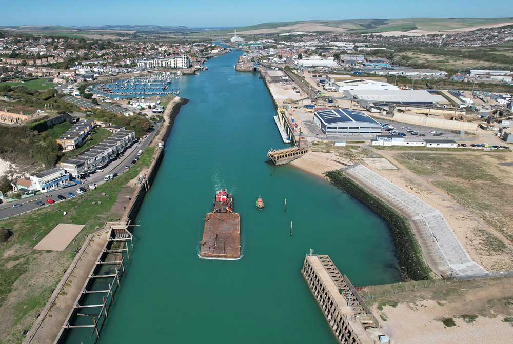RoRo2 pontoon leaving Newhaven port as seen from a drone view